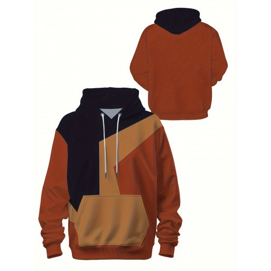Plus Size Men's Retro Color Block Hoodie - Casual & Stylish Baseball Jacket for Spring/Fall, Breathable Polyester Blend, PLUS SIZE Plus Size Men's Retro Color Block Hoodie - Casual & Stylish Baseball Jacket for Spring/Fall, Breathable Polyester Blend, PLUS SIZE
