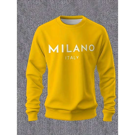 Men's Milan Italy Print Crew Neck Sweatshirt - Casual & Sporty Long Sleeve Pullover, Perfect for Outdoor Activities, PLUS SIZE Men's Milan Italy Print Crew Neck Sweatshirt - Casual & Sporty Long Sleeve Pullover, Perfect for Outdoor Activities, PLUS SIZE