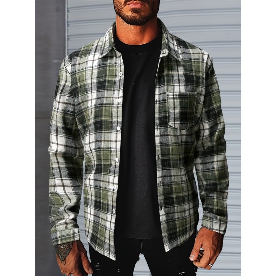 1pc Men'S Plus Size Casual Plaid Button-Down Long Sleeve Shirt with Pocket, Polyester Twill Weave, Regular Fit, Spring/Autumn Fashion 1pc Men'S Plus Size Casual Plaid Button-Down Long Sleeve Shirt with Pocket, Polyester Twill Weave, Regular Fit, Spring/Autumn Fashion