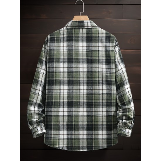 1pc Men'S Plus Size Casual Plaid Button-Down Long Sleeve Shirt with Pocket, Polyester Twill Weave, Regular Fit, Spring/Autumn Fashion 1pc Men'S Plus Size Casual Plaid Button-Down Long Sleeve Shirt with Pocket, Polyester Twill Weave, Regular Fit, Spring/Autumn Fashion