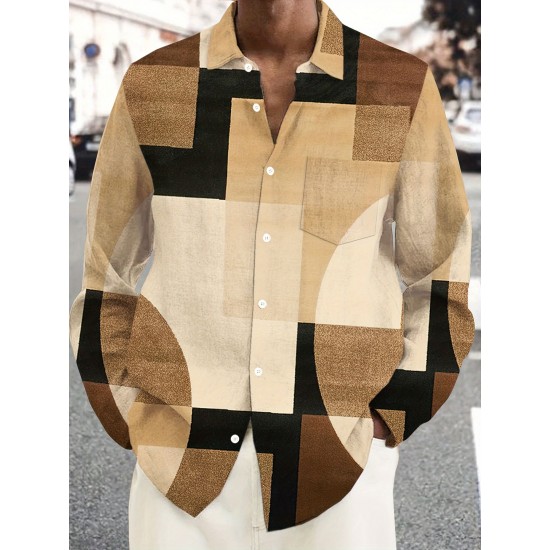 Vintage-Inspired Geometric Color Block 3D Print Men's Plus Size Button-Up Shirt with Pockets - Polyester, Machine Washable, PLUS SIZE Vintage-Inspired Geometric Color Block 3D Print Men's Plus Size Button-Up Shirt with Pockets - Polyester, Machine Washable, PLUS SIZE