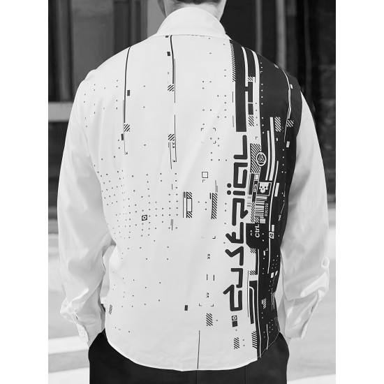 Men'S Plus Size Casual Button-Down Shirt with Geometric Print, Polyester Woven Fabric, Spring/Fall Collection, Adult Unisex Fashion with Regular Fit and Notched Collar Men'S Plus Size Casual Button-Down Shirt with Geometric Print, Polyester Woven Fabric, Spring/Fall Collection, Adult Unisex Fashion with Regular Fit and Notched Collar