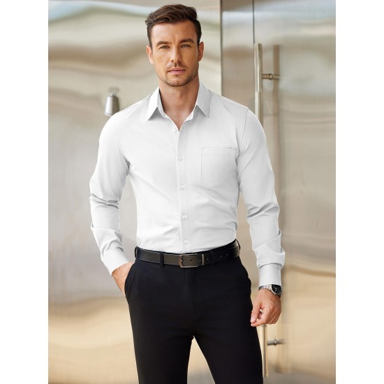 Men'S Plus Size Dress Shirts, Polyester Blend, Casual Work Style, Lapel Collar, Slight Stretch, Solid Color, Button-Down, Regular Fit, Woven, for All Seasons Men'S Plus Size Dress Shirts, Polyester Blend, Casual Work Style, Lapel Collar, Slight Stretch, Solid Color, Button-Down, Regular Fit, Woven, for All Seasons