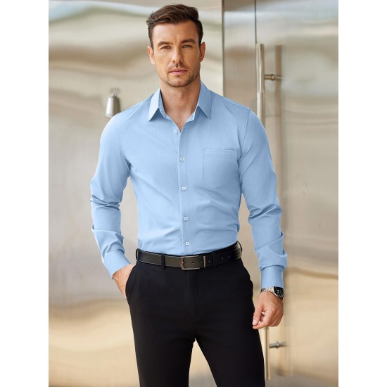 Men'S Plus Size Dress Shirts, Polyester Blend, Casual Work Style, Lapel Collar, Slight Stretch, Solid Color, Button-Down, Regular Fit, Woven, for All Seasons Men'S Plus Size Dress Shirts, Polyester Blend, Casual Work Style, Lapel Collar, Slight Stretch, Solid Color, Button-Down, Regular Fit, Woven, for All Seasons