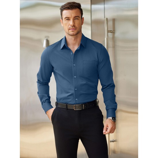 Men'S Plus Size Dress Shirts, Polyester Blend, Casual Work Style, Lapel Collar, Slight Stretch, Solid Color, Button-Down, Regular Fit, Woven, for All Seasons Men'S Plus Size Dress Shirts, Polyester Blend, Casual Work Style, Lapel Collar, Slight Stretch, Solid Color, Button-Down, Regular Fit, Woven, for All Seasons