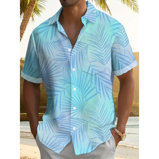 Plus Size Men's Vibrant Hawaiian Gradient Botanical Leaf Print Short Sleeve Relaxed Fit Shirt - Button Front, Functional Pocket, Breathable Fabric, Casual Vacation Style, Comfortable Wear Plus Size Men's Vibrant Hawaiian Gradient Botanical Leaf Print Short Sleeve Relaxed Fit Shirt - Button Front, Functional Pocket, Breathable Fabric, Casual Vacation Style, Comfortable Wear