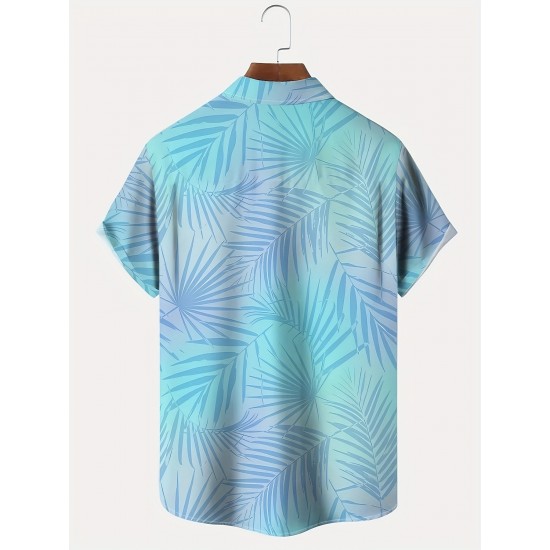 Plus Size Men's Vibrant Hawaiian Gradient Botanical Leaf Print Short Sleeve Relaxed Fit Shirt - Button Front, Functional Pocket, Breathable Fabric, Casual Vacation Style, Comfortable Wear Plus Size Men's Vibrant Hawaiian Gradient Botanical Leaf Print Short Sleeve Relaxed Fit Shirt - Button Front, Functional Pocket, Breathable Fabric, Casual Vacation Style, Comfortable Wear