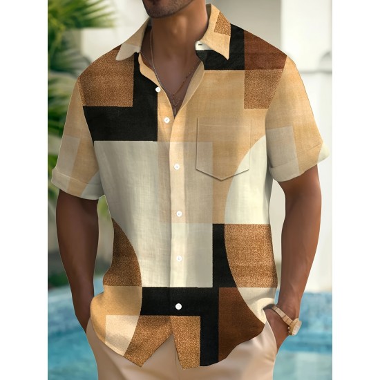 Men's Vintage Geometric Color Block 3D Print Button-Up Shirt with Pocket - Breathable Polyester, Summer Fashion, PLUS SIZE Men's Vintage Geometric Color Block 3D Print Button-Up Shirt with Pocket - Breathable Polyester, Summer Fashion, PLUS SIZE