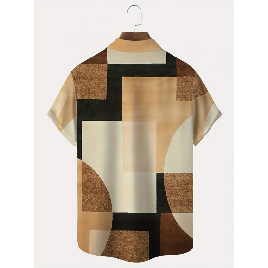 Men's Vintage Geometric Color Block 3D Print Button-Up Shirt with Pocket - Breathable Polyester, Summer Fashion, PLUS SIZE Men's Vintage Geometric Color Block 3D Print Button-Up Shirt with Pocket - Breathable Polyester, Summer Fashion, PLUS SIZE