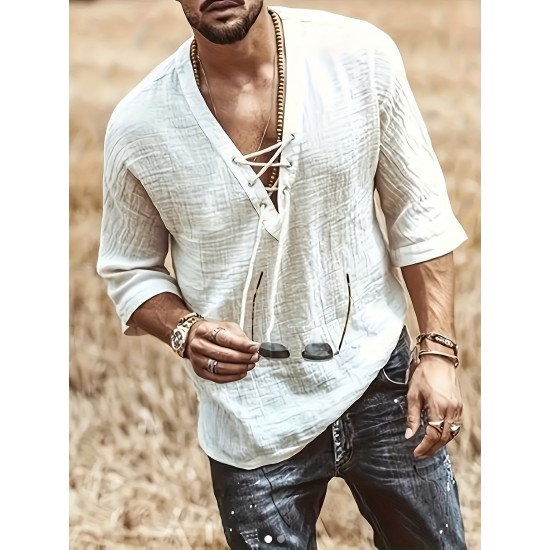Men's Casual V-Neck Long Sleeve T-Shirt with Drawstring - Breathable Polyester, Machine Washable - Perfect for Spring/Fall, PLUS SIZE Men's Casual V-Neck Long Sleeve T-Shirt with Drawstring - Breathable Polyester, Machine Washable - Perfect for Spring/Fall, PLUS SIZE