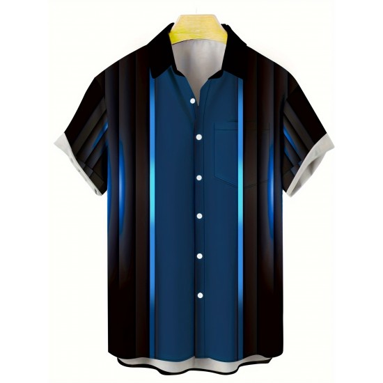 Plus Size Men's Trendy Stripe Print Short Sleeve Button Up Lapel Shirt For Summer Daily, Perfect For Holiday Resort Dress, Stylish Collared Top Plus Size Men's Trendy Stripe Print Short Sleeve Button Up Lapel Shirt For Summer Daily, Perfect For Holiday Resort Dress, Stylish Collared Top