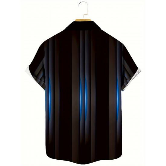 Plus Size Men's Trendy Stripe Print Short Sleeve Button Up Lapel Shirt For Summer Daily, Perfect For Holiday Resort Dress, Stylish Collared Top Plus Size Men's Trendy Stripe Print Short Sleeve Button Up Lapel Shirt For Summer Daily, Perfect For Holiday Resort Dress, Stylish Collared Top