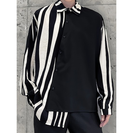 Plus Size Men's Long Sleeve Casual Shirt - Stripe Patchwork Design, Turn Down Collar, Button Closure, Polyester Fabric, Machine Washable and Dry Cleanable Plus Size Men's Long Sleeve Casual Shirt - Stripe Patchwork Design, Turn Down Collar, Button Closure, Polyester Fabric, Machine Washable and Dry Cleanable