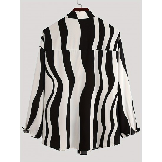 Plus Size Men's Long Sleeve Casual Shirt - Stripe Patchwork Design, Turn Down Collar, Button Closure, Polyester Fabric, Machine Washable and Dry Cleanable Plus Size Men's Long Sleeve Casual Shirt - Stripe Patchwork Design, Turn Down Collar, Button Closure, Polyester Fabric, Machine Washable and Dry Cleanable