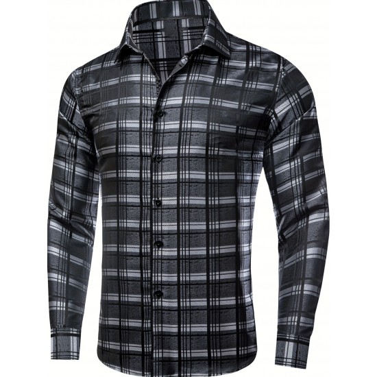 Plus Size Formal Men'S Dress Black Grey Checks Plaids Button Up Dress Shirt, Mature Elegant Top For Wedding/business/dating Plus Size Formal Men'S Dress Black Grey Checks Plaids Button Up Dress Shirt, Mature Elegant Top For Wedding/business/dating