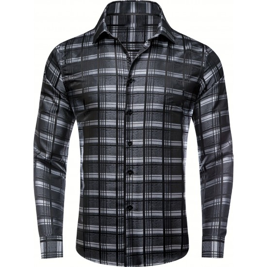 Plus Size Formal Men'S Dress Black Grey Checks Plaids Button Up Dress Shirt, Mature Elegant Top For Wedding/business/dating Plus Size Formal Men'S Dress Black Grey Checks Plaids Button Up Dress Shirt, Mature Elegant Top For Wedding/business/dating