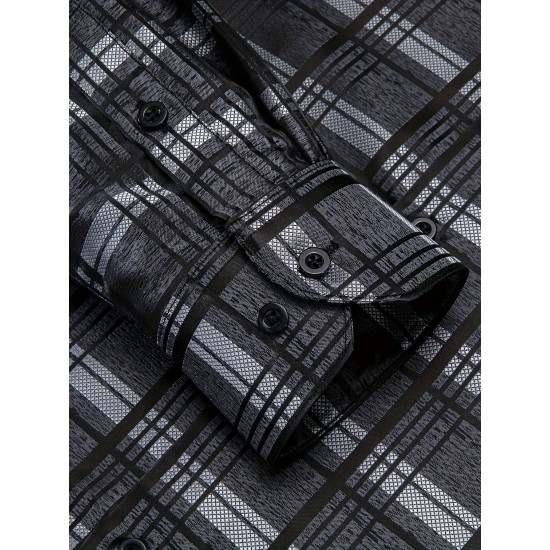 Plus Size Formal Men'S Dress Black Grey Checks Plaids Button Up Dress Shirt, Mature Elegant Top For Wedding/business/dating Plus Size Formal Men'S Dress Black Grey Checks Plaids Button Up Dress Shirt, Mature Elegant Top For Wedding/business/dating