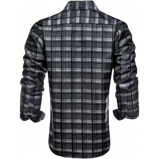 Plus Size Formal Men'S Dress Black Grey Checks Plaids Button Up Dress Shirt, Mature Elegant Top For Wedding/business/dating Plus Size Formal Men'S Dress Black Grey Checks Plaids Button Up Dress Shirt, Mature Elegant Top For Wedding/business/dating