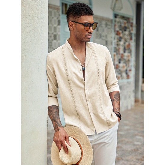 1pc Men'S Casual Crew Neck Long Sleeve Button Down Shirt - Solid Color Rayon/Viscose Blend, Non-Stretch Fabric, Woven Cuban Guayabera Beach Shirt for Spring/Fall, Plus Size 1pc Men'S Casual Crew Neck Long Sleeve Button Down Shirt - Solid Color Rayon/Viscose Blend, Non-Stretch Fabric, Woven Cuban Guayabera Beach Shirt for Spring/Fall, Plus Size