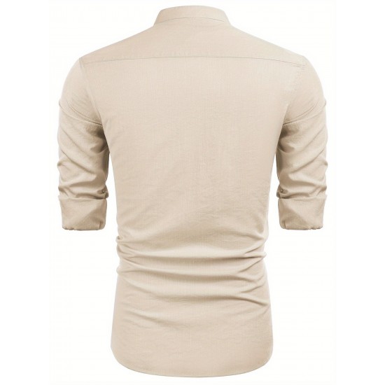 1pc Men'S Casual Crew Neck Long Sleeve Button Down Shirt - Solid Color Rayon/Viscose Blend, Non-Stretch Fabric, Woven Cuban Guayabera Beach Shirt for Spring/Fall, Plus Size 1pc Men'S Casual Crew Neck Long Sleeve Button Down Shirt - Solid Color Rayon/Viscose Blend, Non-Stretch Fabric, Woven Cuban Guayabera Beach Shirt for Spring/Fall, Plus Size