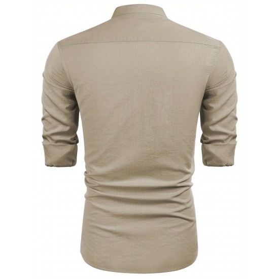 1pc Men'S Casual Crew Neck Long Sleeve Button Down Shirt - Solid Color Rayon/Viscose Blend, Non-Stretch Fabric, Woven Cuban Guayabera Beach Shirt for Spring/Fall, Plus Size 1pc Men'S Casual Crew Neck Long Sleeve Button Down Shirt - Solid Color Rayon/Viscose Blend, Non-Stretch Fabric, Woven Cuban Guayabera Beach Shirt for Spring/Fall, Plus Size