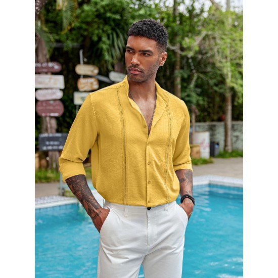 1pc Men'S Casual Crew Neck Long Sleeve Button Down Shirt - Solid Color Rayon/Viscose Blend, Non-Stretch Fabric, Woven Cuban Guayabera Beach Shirt for Spring/Fall, Plus Size 1pc Men'S Casual Crew Neck Long Sleeve Button Down Shirt - Solid Color Rayon/Viscose Blend, Non-Stretch Fabric, Woven Cuban Guayabera Beach Shirt for Spring/Fall, Plus Size