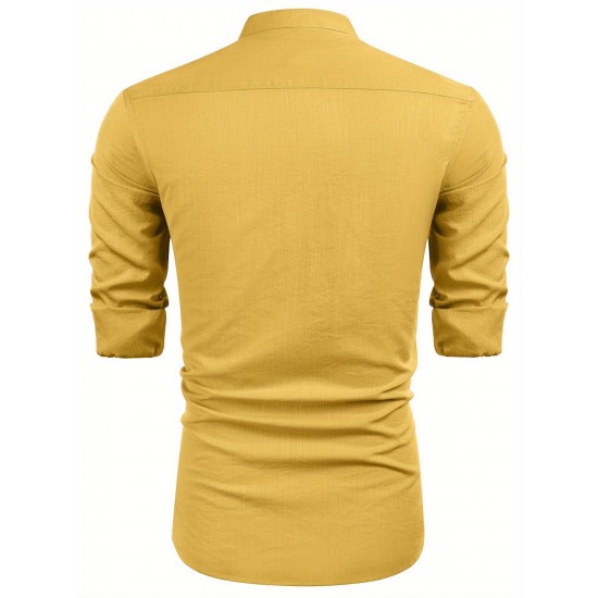 1pc Men'S Casual Crew Neck Long Sleeve Button Down Shirt - Solid Color Rayon/Viscose Blend, Non-Stretch Fabric, Woven Cuban Guayabera Beach Shirt for Spring/Fall, Plus Size 1pc Men'S Casual Crew Neck Long Sleeve Button Down Shirt - Solid Color Rayon/Viscose Blend, Non-Stretch Fabric, Woven Cuban Guayabera Beach Shirt for Spring/Fall, Plus Size