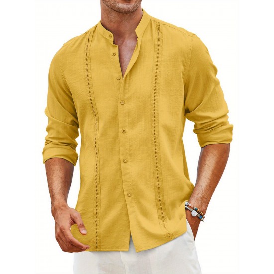 1pc Men'S Casual Crew Neck Long Sleeve Button Down Shirt - Solid Color Rayon/Viscose Blend, Non-Stretch Fabric, Woven Cuban Guayabera Beach Shirt for Spring/Fall, Plus Size 1pc Men'S Casual Crew Neck Long Sleeve Button Down Shirt - Solid Color Rayon/Viscose Blend, Non-Stretch Fabric, Woven Cuban Guayabera Beach Shirt for Spring/Fall, Plus Size