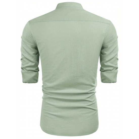 1pc Men'S Casual Crew Neck Long Sleeve Button Down Shirt - Solid Color Rayon/Viscose Blend, Non-Stretch Fabric, Woven Cuban Guayabera Beach Shirt for Spring/Fall, Plus Size 1pc Men'S Casual Crew Neck Long Sleeve Button Down Shirt - Solid Color Rayon/Viscose Blend, Non-Stretch Fabric, Woven Cuban Guayabera Beach Shirt for Spring/Fall, Plus Size