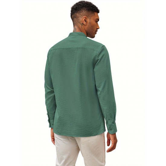 1pc Men'S Casual Crew Neck Long Sleeve Button Down Shirt - Solid Color Rayon/Viscose Blend, Non-Stretch Fabric, Woven Cuban Guayabera Beach Shirt for Spring/Fall, Plus Size 1pc Men'S Casual Crew Neck Long Sleeve Button Down Shirt - Solid Color Rayon/Viscose Blend, Non-Stretch Fabric, Woven Cuban Guayabera Beach Shirt for Spring/Fall, Plus Size