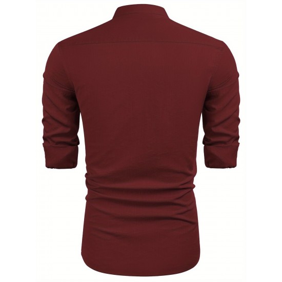 1pc Men'S Casual Crew Neck Long Sleeve Button Down Shirt - Solid Color Rayon/Viscose Blend, Non-Stretch Fabric, Woven Cuban Guayabera Beach Shirt for Spring/Fall, Plus Size 1pc Men'S Casual Crew Neck Long Sleeve Button Down Shirt - Solid Color Rayon/Viscose Blend, Non-Stretch Fabric, Woven Cuban Guayabera Beach Shirt for Spring/Fall, Plus Size