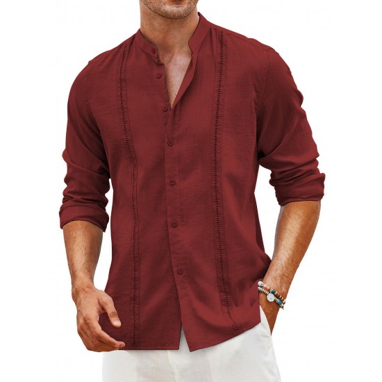 1pc Men'S Casual Crew Neck Long Sleeve Button Down Shirt - Solid Color Rayon/Viscose Blend, Non-Stretch Fabric, Woven Cuban Guayabera Beach Shirt for Spring/Fall, Plus Size 1pc Men'S Casual Crew Neck Long Sleeve Button Down Shirt - Solid Color Rayon/Viscose Blend, Non-Stretch Fabric, Woven Cuban Guayabera Beach Shirt for Spring/Fall, Plus Size
