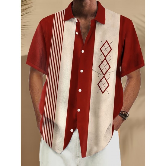 Plus Size Retro Bowling Geometric Graphic Print Short Sleeve Buttons Pocket Men's Shirt Plus Size Retro Bowling Geometric Graphic Print Short Sleeve Buttons Pocket Men's Shirt