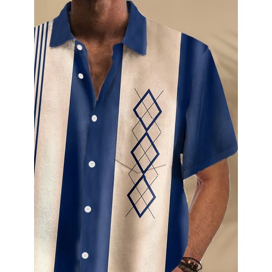 Plus Size Retro Bowling Geometric Graphic Print Short Sleeve Buttons Pocket Men's Shirt Plus Size Retro Bowling Geometric Graphic Print Short Sleeve Buttons Pocket Men's Shirt