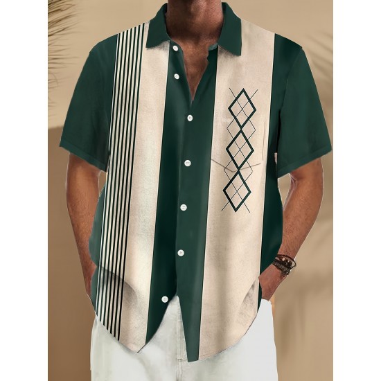 Plus Size Retro Bowling Geometric Graphic Print Short Sleeve Buttons Pocket Men's Shirt Plus Size Retro Bowling Geometric Graphic Print Short Sleeve Buttons Pocket Men's Shirt