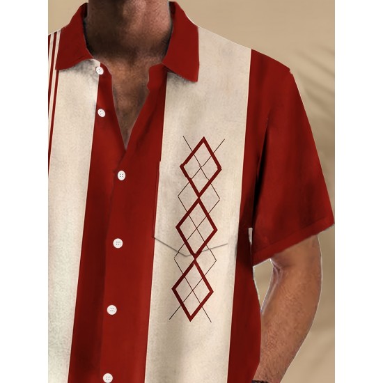 Plus Size Retro Bowling Geometric Graphic Print Short Sleeve Buttons Pocket Men's Shirt Plus Size Retro Bowling Geometric Graphic Print Short Sleeve Buttons Pocket Men's Shirt