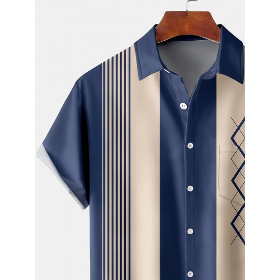Plus Size Retro Bowling Geometric Graphic Print Short Sleeve Buttons Pocket Men's Shirt Plus Size Retro Bowling Geometric Graphic Print Short Sleeve Buttons Pocket Men's Shirt