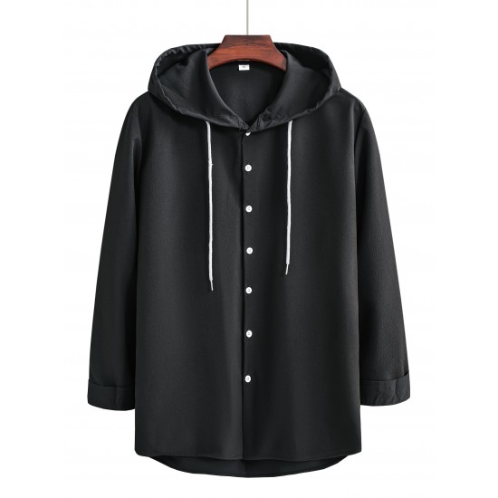Men's Casual Hooded Shirt - Polyester, Button-Up, Solid Color, Perfect for Spring/Fall, PLUS SIZE Men's Casual Hooded Shirt - Polyester, Button-Up, Solid Color, Perfect for Spring/Fall, PLUS SIZE