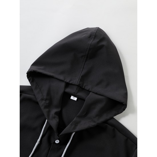 Men's Casual Hooded Shirt - Polyester, Button-Up, Solid Color, Perfect for Spring/Fall, PLUS SIZE Men's Casual Hooded Shirt - Polyester, Button-Up, Solid Color, Perfect for Spring/Fall, PLUS SIZE