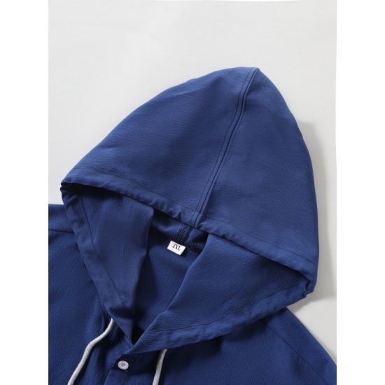 Men's Casual Hooded Shirt - Polyester, Button-Up, Solid Color, Perfect for Spring/Fall, PLUS SIZE Men's Casual Hooded Shirt - Polyester, Button-Up, Solid Color, Perfect for Spring/Fall, PLUS SIZE