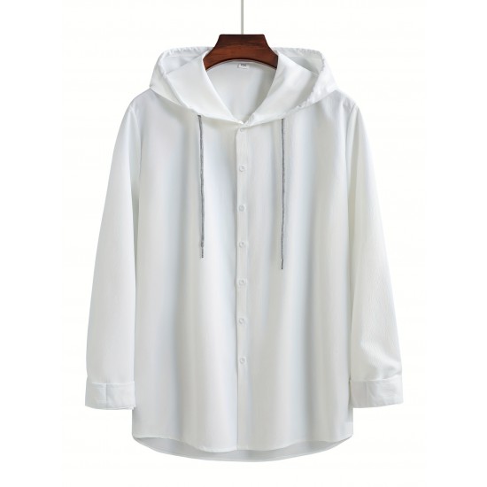 Men's Casual Hooded Shirt - Polyester, Button-Up, Solid Color, Perfect for Spring/Fall, PLUS SIZE Men's Casual Hooded Shirt - Polyester, Button-Up, Solid Color, Perfect for Spring/Fall, PLUS SIZE