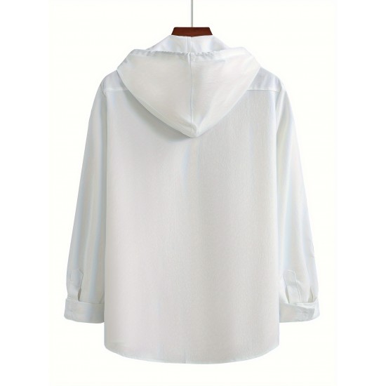 Men's Casual Hooded Shirt - Polyester, Button-Up, Solid Color, Perfect for Spring/Fall, PLUS SIZE Men's Casual Hooded Shirt - Polyester, Button-Up, Solid Color, Perfect for Spring/Fall, PLUS SIZE
