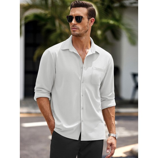 Men'S Long Sleeve Casual Button-Down Shirt - Solid Color, Non-Stretch Knit Fabric, Regular Fit, Wrinkle Free Polyester Shirt for Adult Men - Spring/Fall Basics with Button Details, Plus Size Men'S Long Sleeve Casual Button-Down Shirt - Solid Color, Non-Stretch Knit Fabric, Regular Fit, Wrinkle Free Polyester Shirt for Adult Men - Spring/Fall Basics with Button Details, Plus Size