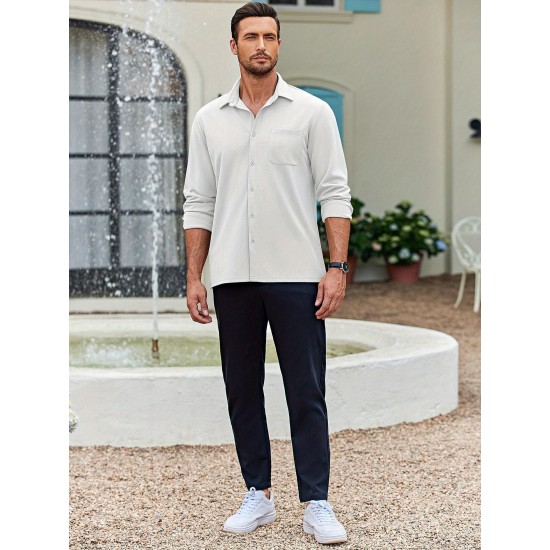 Men'S Long Sleeve Casual Button-Down Shirt - Solid Color, Non-Stretch Knit Fabric, Regular Fit, Wrinkle Free Polyester Shirt for Adult Men - Spring/Fall Basics with Button Details, Plus Size Men'S Long Sleeve Casual Button-Down Shirt - Solid Color, Non-Stretch Knit Fabric, Regular Fit, Wrinkle Free Polyester Shirt for Adult Men - Spring/Fall Basics with Button Details, Plus Size