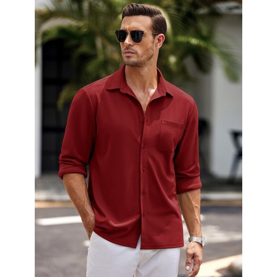 Men'S Long Sleeve Casual Button-Down Shirt - Solid Color, Non-Stretch Knit Fabric, Regular Fit, Wrinkle Free Polyester Shirt for Adult Men - Spring/Fall Basics with Button Details, Plus Size Men'S Long Sleeve Casual Button-Down Shirt - Solid Color, Non-Stretch Knit Fabric, Regular Fit, Wrinkle Free Polyester Shirt for Adult Men - Spring/Fall Basics with Button Details, Plus Size