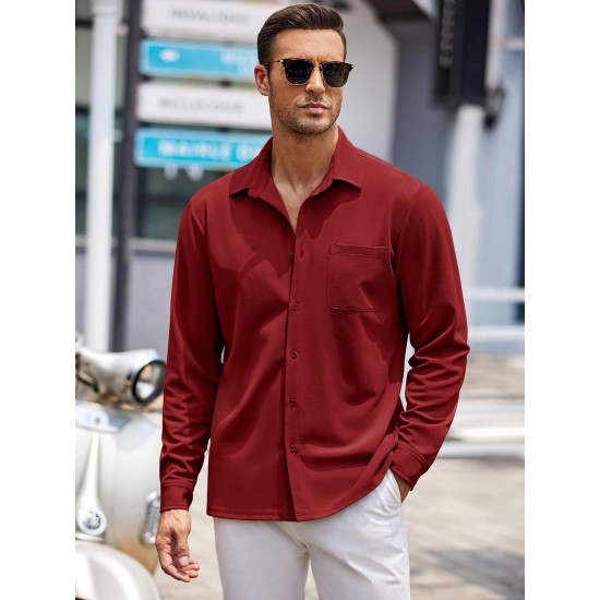 Men'S Long Sleeve Casual Button-Down Shirt - Solid Color, Non-Stretch Knit Fabric, Regular Fit, Wrinkle Free Polyester Shirt for Adult Men - Spring/Fall Basics with Button Details, Plus Size Men'S Long Sleeve Casual Button-Down Shirt - Solid Color, Non-Stretch Knit Fabric, Regular Fit, Wrinkle Free Polyester Shirt for Adult Men - Spring/Fall Basics with Button Details, Plus Size