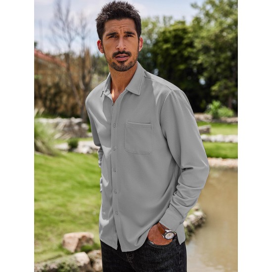 Men'S Long Sleeve Casual Button-Down Shirt - Solid Color, Non-Stretch Knit Fabric, Regular Fit, Wrinkle Free Polyester Shirt for Adult Men - Spring/Fall Basics with Button Details, Plus Size Men'S Long Sleeve Casual Button-Down Shirt - Solid Color, Non-Stretch Knit Fabric, Regular Fit, Wrinkle Free Polyester Shirt for Adult Men - Spring/Fall Basics with Button Details, Plus Size