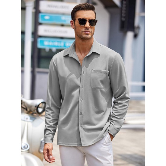 Men'S Long Sleeve Casual Button-Down Shirt - Solid Color, Non-Stretch Knit Fabric, Regular Fit, Wrinkle Free Polyester Shirt for Adult Men - Spring/Fall Basics with Button Details, Plus Size Men'S Long Sleeve Casual Button-Down Shirt - Solid Color, Non-Stretch Knit Fabric, Regular Fit, Wrinkle Free Polyester Shirt for Adult Men - Spring/Fall Basics with Button Details, Plus Size