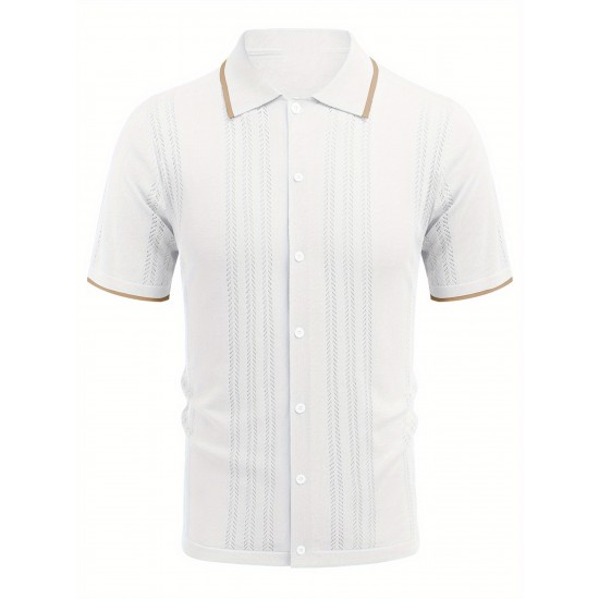 1pc Men'S Casual Knit Polo Shirt - Polyester Short Sleeve Lapel Collar, Slight Stretch Solid Color, Button Down Beach Top for Spring/Summer/Fall, Plus Size 1pc Men'S Casual Knit Polo Shirt - Polyester Short Sleeve Lapel Collar, Slight Stretch Solid Color, Button Down Beach Top for Spring/Summer/Fall, Plus Size
