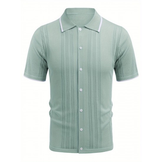1pc Men'S Casual Knit Polo Shirt - Polyester Short Sleeve Lapel Collar, Slight Stretch Solid Color, Button Down Beach Top for Spring/Summer/Fall, Plus Size 1pc Men'S Casual Knit Polo Shirt - Polyester Short Sleeve Lapel Collar, Slight Stretch Solid Color, Button Down Beach Top for Spring/Summer/Fall, Plus Size